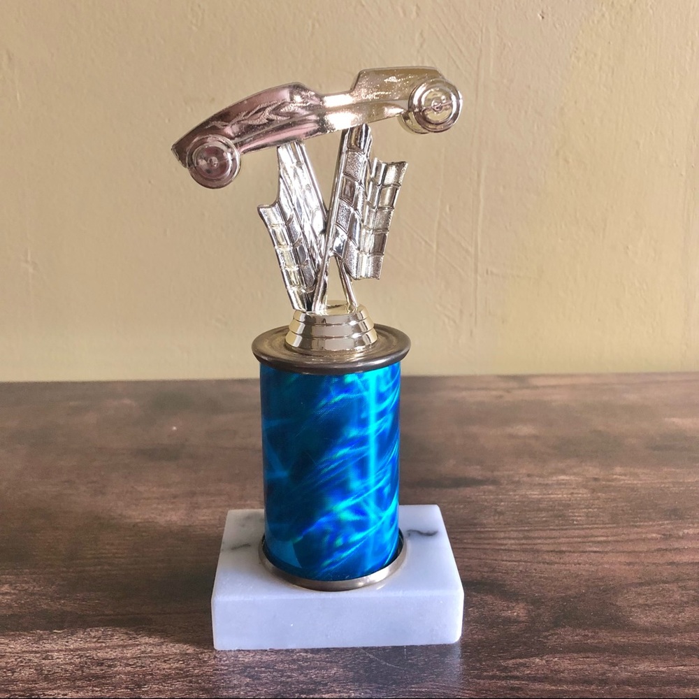 Pinewood derby holographic blue trophy with marble slab